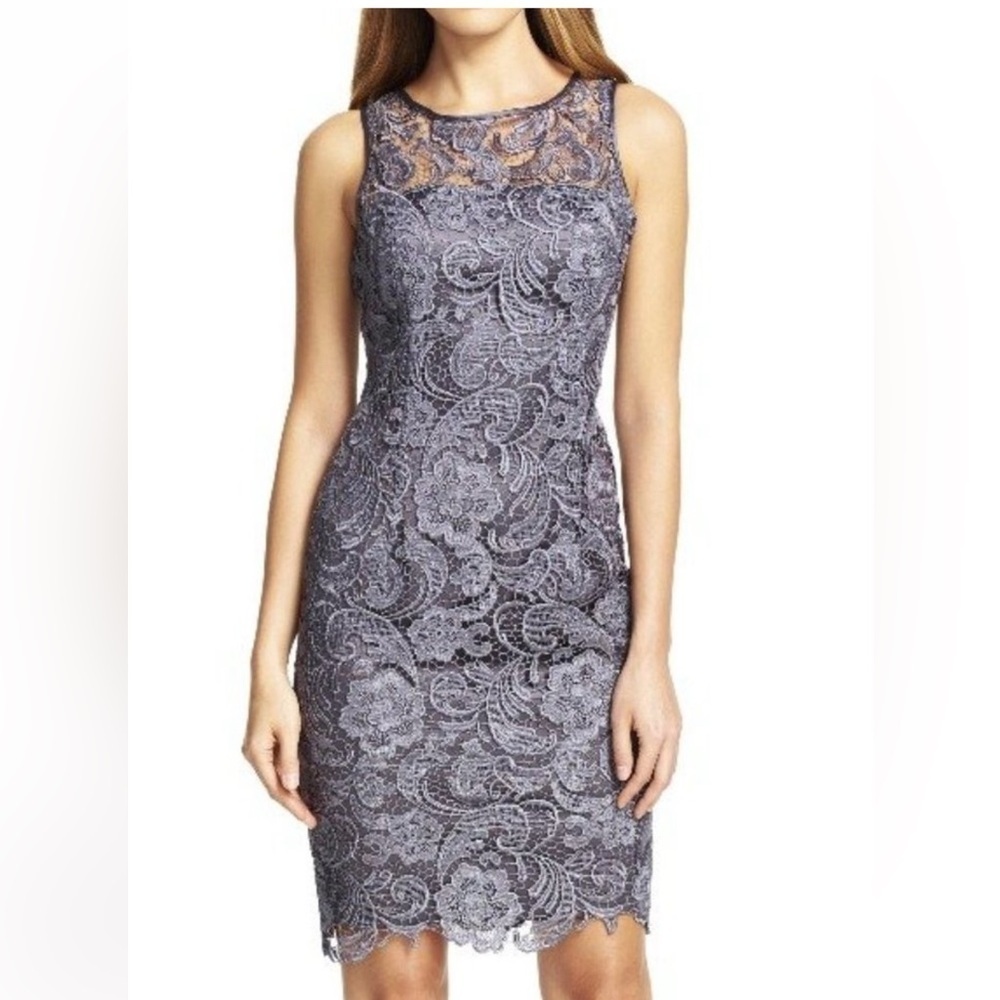 Adrianna Papell Illusion Lace Sleeveless
Sheath Dress Charcoal Gray Size 2